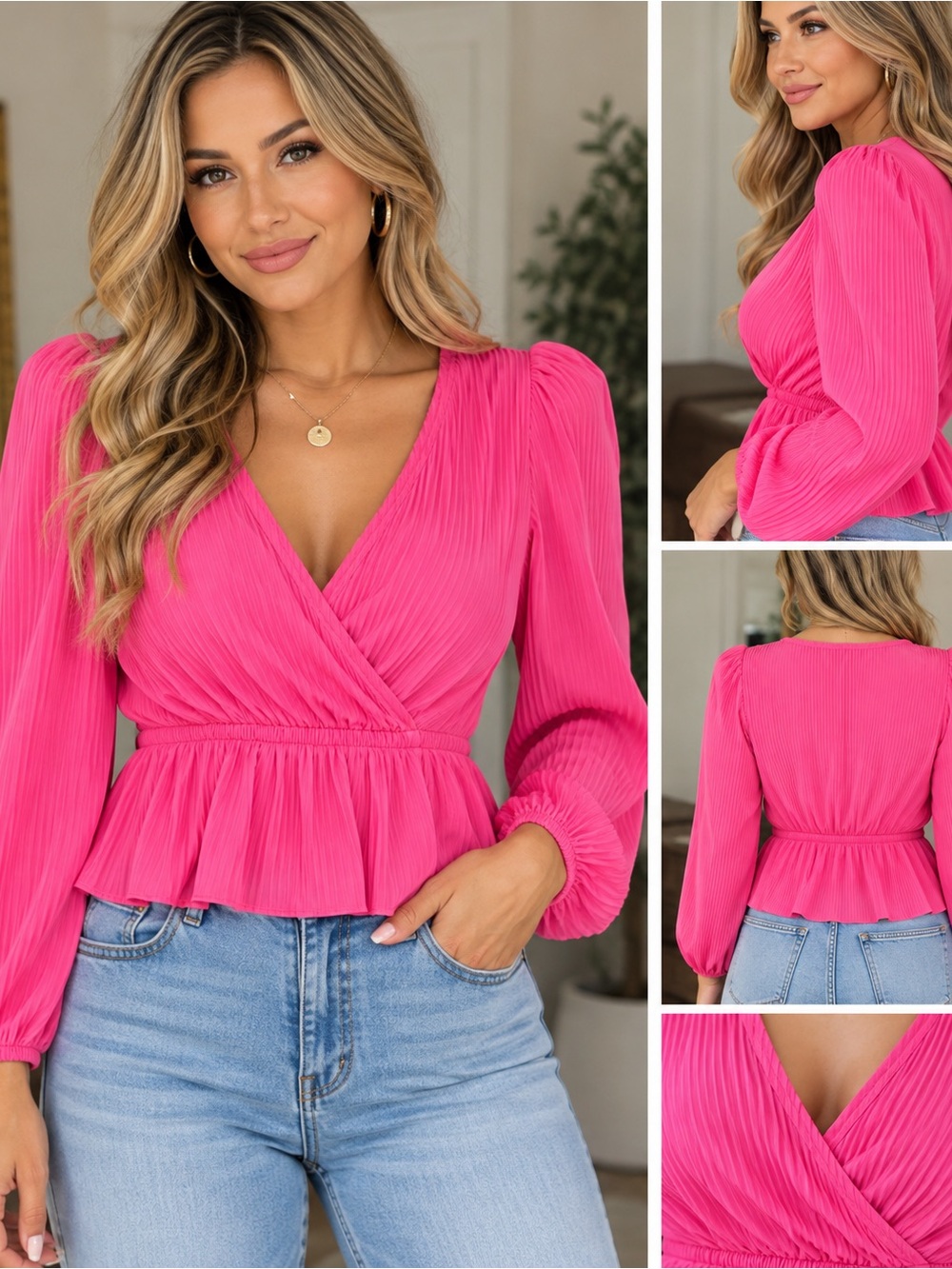 Pleated Pink Wrap Peplum Blouse
